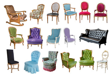 Wall Mural - Gorgeous vintage armchairs isolated on white background. Armchairs with color, green and purple upholstery.