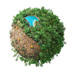 Cutting down of tree. Ecology concept. Stumps in the planet. 3d illustration