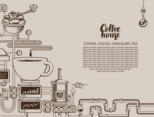 Vector banner on coffee theme with a cup of freshly brewed drink, plant with conveyor coffee production, inscription Coffee House and place for text in retro style. Decorative coffee maker