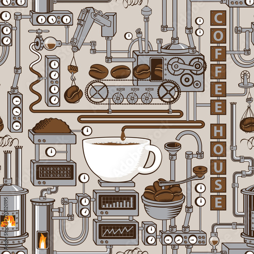 Dekoracja na wymiar  wektor-wzor-na-temat-kawy-z-filizanka-swiezo-parzonej-kawy-roslina-z-produkcja-kawy-na-przenosniku-w-stylu-retro-i-slowami-coffee-house