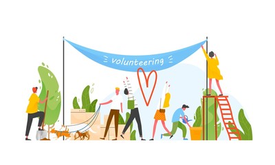 Poster - Group of people taking part in volunteer organization or movement, volunteering or performing altruistic activities together - walking dogs, hanging banner, watering plants. Flat vector illustration.