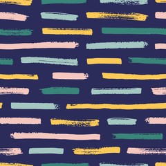 Poster - Cool seamless pattern with bright colored paint traces on dark background. Creative backdrop with horizontal brush strokes, smears, daub. Stylish vector illustration for wrapping paper, textile print.