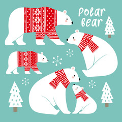 Wall Mural - Hand drawn cute vector polar bears in winter clothes. Perfect for tee shirt logo, greeting card, poster, invitation or print design. 