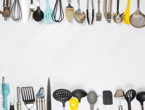 Cuadros en Lienzo different kitchenware on a gray background top view