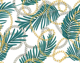 Wall Mural - Seamless summer pattern with chains and tropical leaves. Tropical Seamless pattern. Trendy fashion print