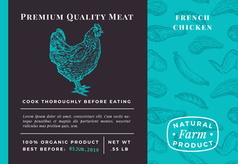 Premium Quality Meat Abstract Vector Poultry Packaging Design or Label. Modern Typography and Hand Drawn Chicken Sketch Background Layout. Seamless Food Pattern of Steak, Sausage and Wings