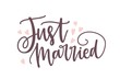 Just Married phrase or inscription written with elegant cursive calligraphic font or script and decorated by cute tiny hearts. Romantic lettering for wedding celebration. Modern vector illustration.