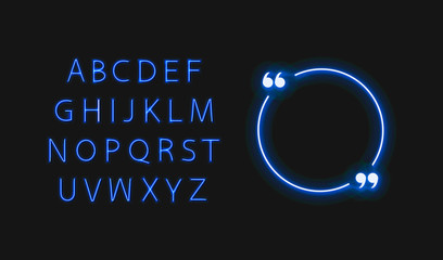 Vector Circle Neon Glowing Quote Frame and Font, Bright Blue Light Elements Isolated.