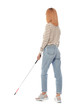 Blind person with long cane walking on white background