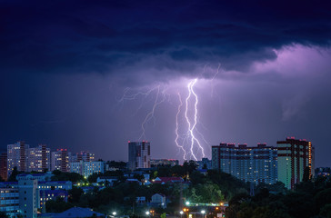 Night evening storm lightnings panorama Kiev Ukraine city