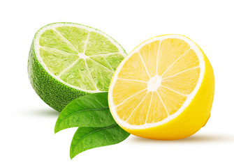 Wall Mural - Fresh lime, lemon cut in half, with leaf