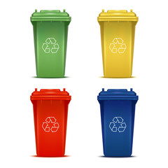 Poster - Realistic 3d Detailed Color Bins with Recycle Signs Set. Vector