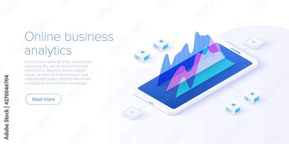 Online business analysis strategy isometric vector illustration. Data analytics for company marketing solutions or financial performance. Budget accounting or statistics concept. - obrazy, fototapety, plakaty 