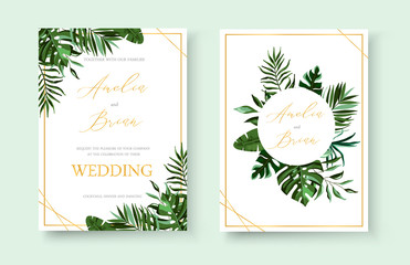 Wall Mural - Wedding tropical exotic floral golden invitation card save the date design