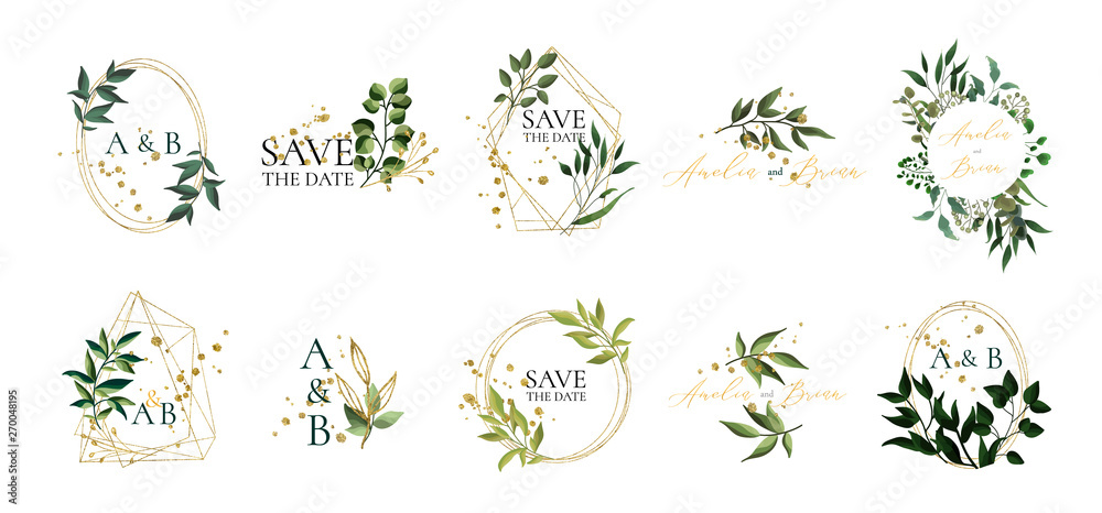Set of floral wedding logos and monogram with elegant green leaves ...