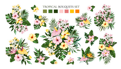 Wall Mural - Set of tropical exotic flowers bouquets with frangipani hibiscus calla green monstera palm