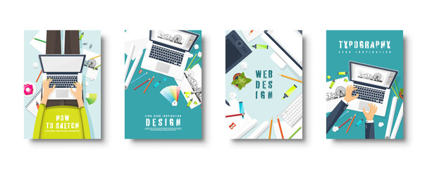 Graphic and web design. Flat style covers set. Designer workplace with tools. User interface design. UI. Digital drawing. Online tutorial. Vector illustration.
