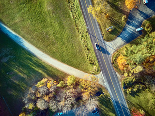 Wall Mural - Scenic highway at autumn in New Hampshire, USA. Fall in New England. Aerial drone shot.