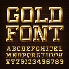 Fototapete - Gold alphabet font. 3d gold letters and numbers with bevel. Stock vector typescript for your typography design.