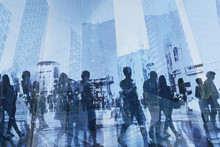 Double Exposure Of Business People Walking On Busy Street Of Modern City, Office Buildings Corporate Background