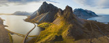Fototapeta Natura - scenic road in Iceland, beautiful nature landscape aerial panorama, mountains and coast at sunset