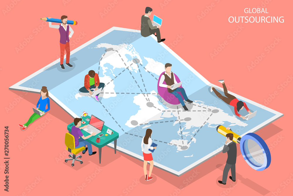 Isometric flat vector concept of global outsourcing, company remote management, distributed team, freelance job. - obrazy, fototapety, plakaty 