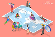 Isometric Flat Vector Concept Of Global Outsourcing, Company Remote Management, Distributed Team, Freelance Job.