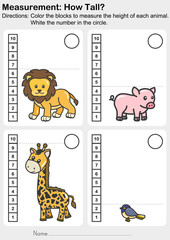 Wall Mural - Measurement worksheet - Color the blocks to measure the height of each animal. White the number in the circle. - Worksheet for education.