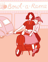 2 Girls On A Motorbike In Front Of A Bowling Center Illustration