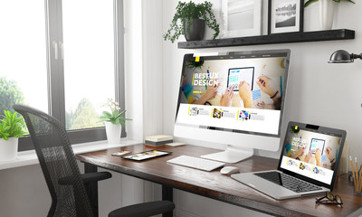 Wall Mural - black and white responsive devices mockup responsive ux design website