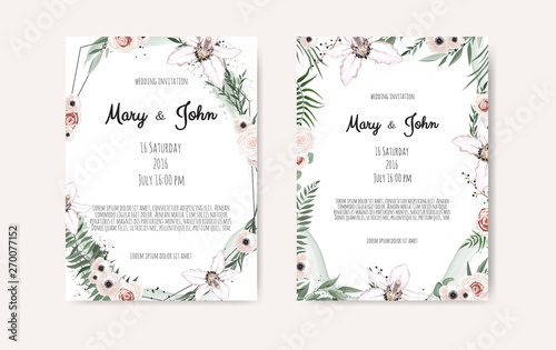 Botanical wedding invitation card template design, white and pink flowers on ...