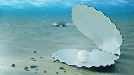 Wall Mural - Mother of pearls underwater. Sea shell underwater. Beautiful pearls, expensive jewelry. Oysters and pearls on the underwater sandy seabed. Sunlight beams and shine through water, 3D Illustration