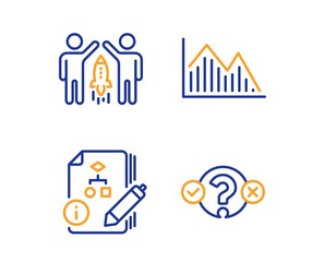 Poster - Investment graph, Partnership and Algorithm icons simple set. Quiz test sign. Investment infochart, Business startup, Project. Select answer. Education set. Linear investment graph icon. Vector