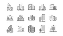 Buildings Line Icons. Bank, Hotel, Courthouse. City, Real Estate, Architecture Buildings Icons. Hospital, Town House, Museum. Urban Architecture, City Skyscraper. Linear Set. Vector