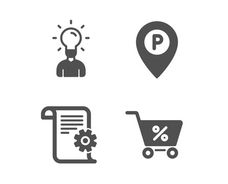 Set of Technical documentation, Education and Parking icons. Special offer sign. Manual, Human idea, Park pointer. Discounts.  Classic design technical documentation icon. Flat design. Vector