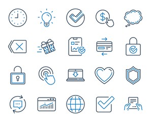 Poster - report document, time line icons. statistics, gift box and light bulb icons. credit card, download d