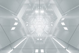 Fototapeta Przestrzenne - Abstract hexagon Spaceship corridor. Futuristic tunnel with light. Future interior background, business, sci-fi science concept. 3d rendering