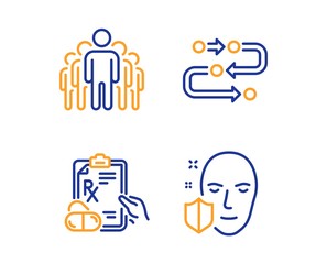 Poster - Group, Prescription drugs and Methodology icons simple set. Face protection sign. Managers, Pills, Development process. Secure access. Science set. Linear group icon. Colorful design set. Vector