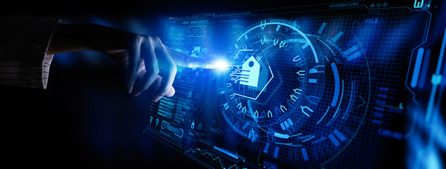 Poster - Businesswoman Hand pushing Smart home Automation Control System Ui with Innovation technology internet Network Concept.iot trend.
