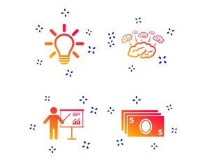 Wall Mural - Presentation billboard, brainstorm icons. Cash money and lamp idea signs. Man standing with pointer. Scheme and Diagram symbol. Random dynamic shapes. Gradient teamwork icon. Vector