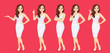 Smiling beatiful woman with curly hairstyle in dress set with different gestures isolated vector illustration