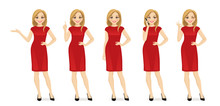 Young Beautiful Woman In Red Dress Set With Different Gestures Isolated Vector Illustration