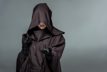Front View Of Woman In Death Costume Gesturing Isolated On Grey