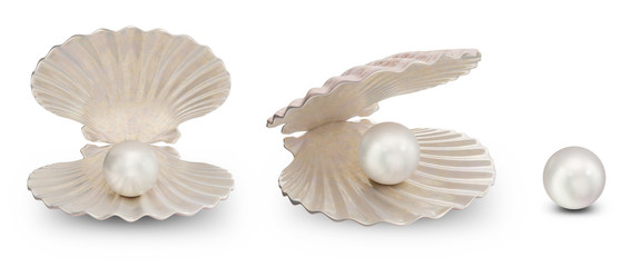 Set of sea shells with pearl inside. Collection gems, women's jewelry, nacre beads. For your banner, poster, logo. Set sea shells, shiny sea pearl isolated on white background, 3d illustration