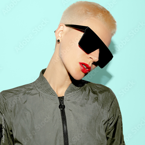 Blonde Lady With Trend Short Hair In Military Style And Fashion