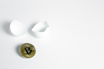 Wall Mural - The concept of the emergence or discovery of Bitcoin. Coin on a white background with an egg chopped shell.