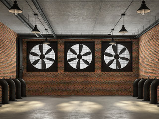 Empty loft room 3d render,There are orange brick wall. With concrete floor and ceiling The wall has a large black ventilation fan. At the ceiling, there are plumbing pipes and wires.