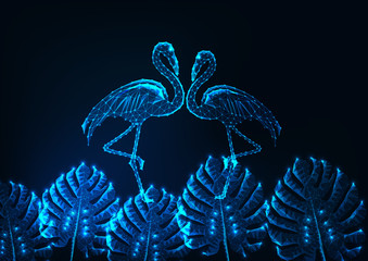 Wall Mural - Tropical summer concept with glowing low poly couple of flamingos and monstera leaves on dark blue.