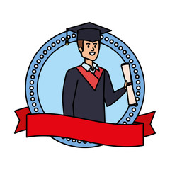 Poster - man student graduated with diploma in emblem