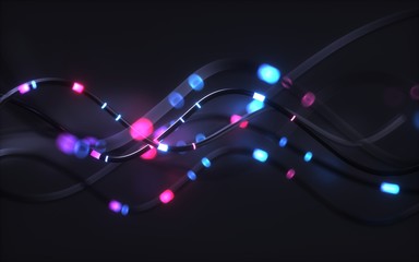 3d render, abstract background, pink blue neon light impulse going through cables, big data transfer, network